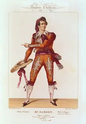 ジョバール・イビドーレ・サムソン（1793-1871）、「セビリアの理髪師」のフィガロ役で、シュバール（fl.1810-30）によって彫刻